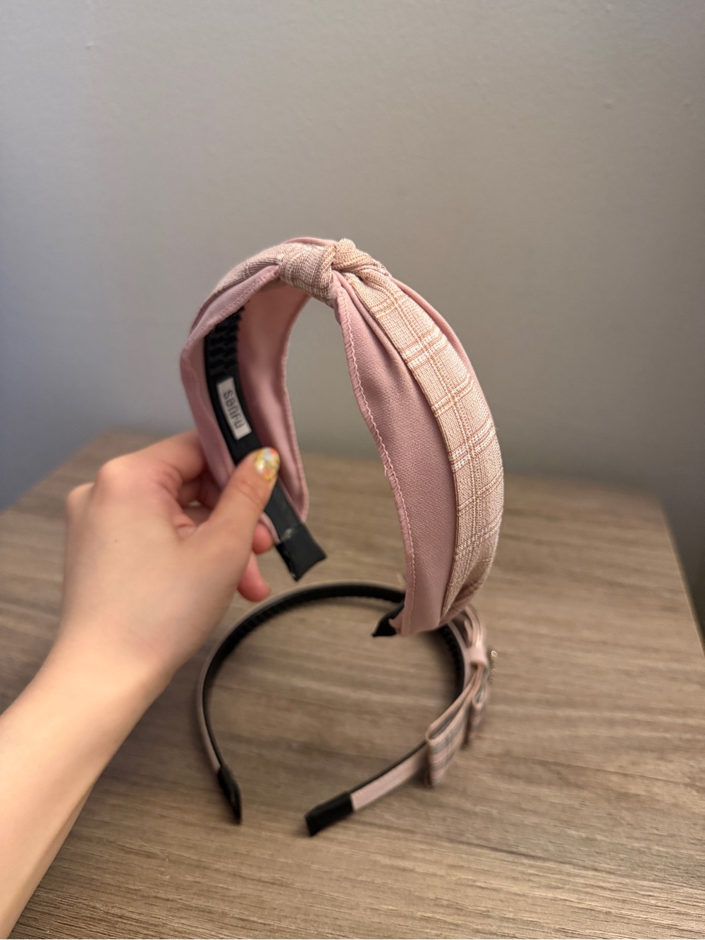 Plaid Pink Knotted Headband with Crystal Accent Set 2 - Picture 4 of 7